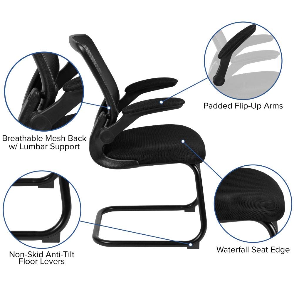 Flash Furniture Kale Black Mesh Sled Base Side Reception Chair With Flip-Up Arms