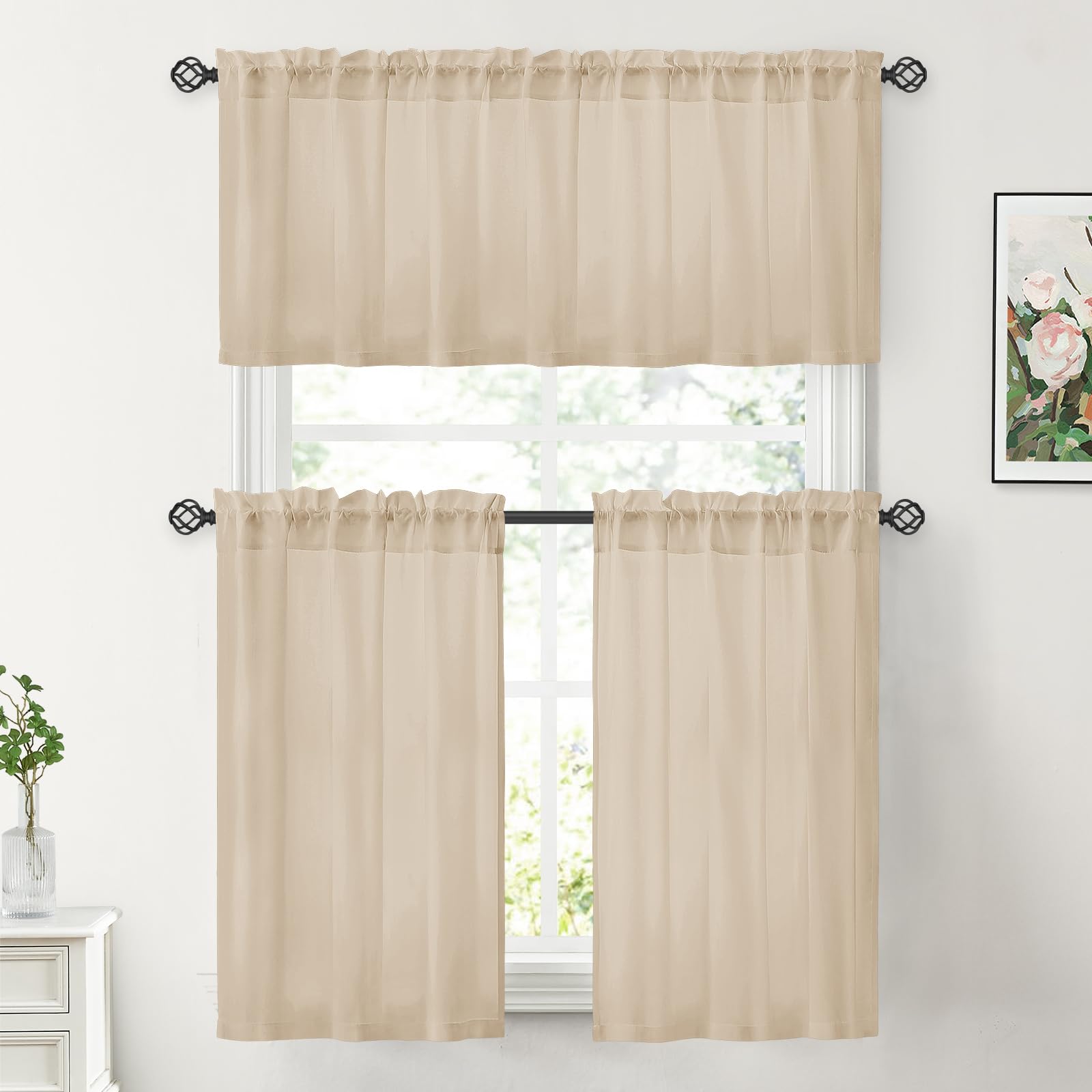 Homeideas Non-See-Through Beige Privacy Sheer Kitchen Curtains 30 X 24 Inches Long 2 Panels Taupe Sheer Curtains Light Filtering Bathroom Window Curtains Drapes For Bedroom Living Room