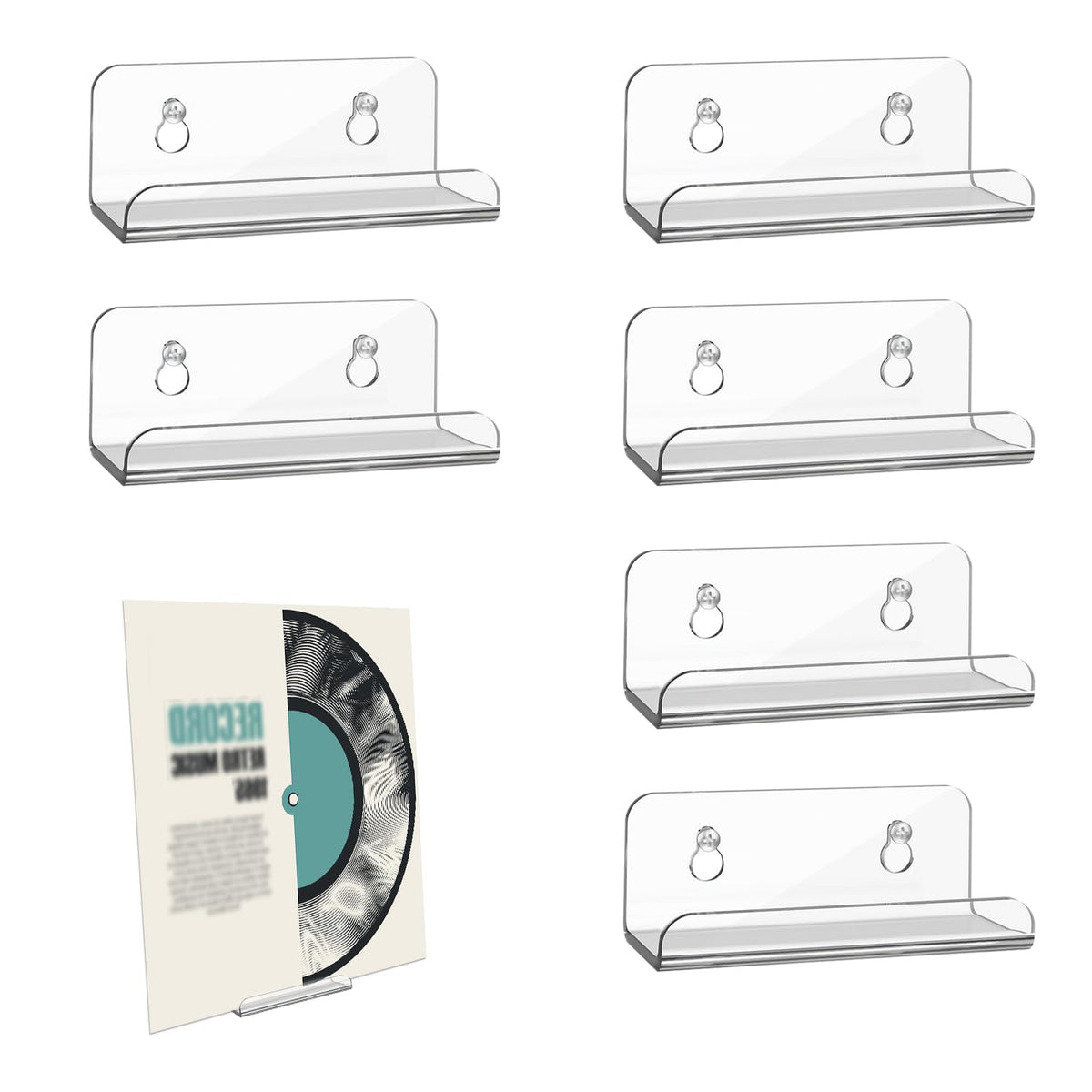 6pcs 4 Inch Clear Vinyl Record Holder, Invisible Acrylic Album Record Holder Vinyl Record Shelf Wall Mount Floating Record Displ