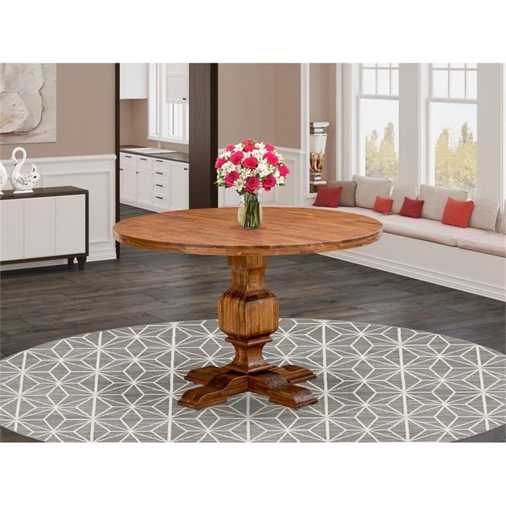 East West Furniture IR3-0N-TP Irving Kitchen Dining Table - a Round Wooden Table Top with Pedestal Base, 48x48 Inch, Sandblasting Antique Walnut