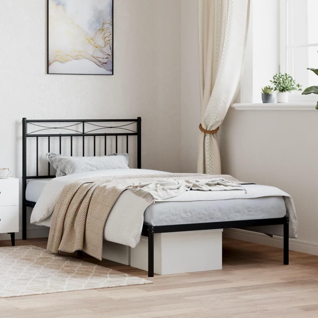 vidaXL Robust Metal Single Bed Frame with Headboard and Extra Storage - Black 39.4&quot;x74.8&quot; - Modern Steel Design for Bedroom