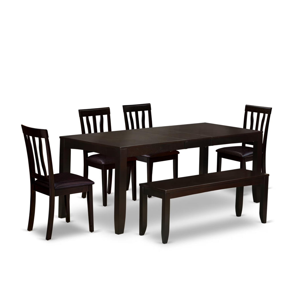 East West Furniture LYAN6-CAP-LC Lynfield 6 Piece Set Contains a Rectangle Dining Room Table with Butterfly Leaf and 4 Faux Leather Upholstered Chairs with a Bench, 36x66 Inch, Cappuccino