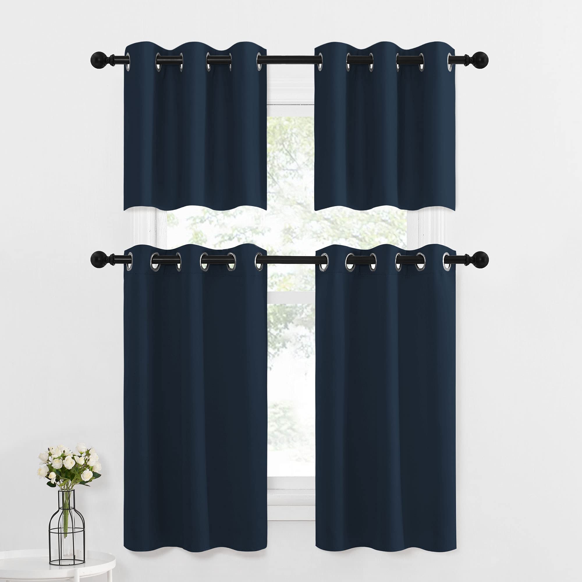 Nicetown Blackout Curtains Tiers 24 Inch - Thermal Insulated Window Treatment Drapes For Cafe/Dining Room/Kitchen Thanksgiving Decoration, 2 Panels, 42W By 24L.2 Inches Header, Navy