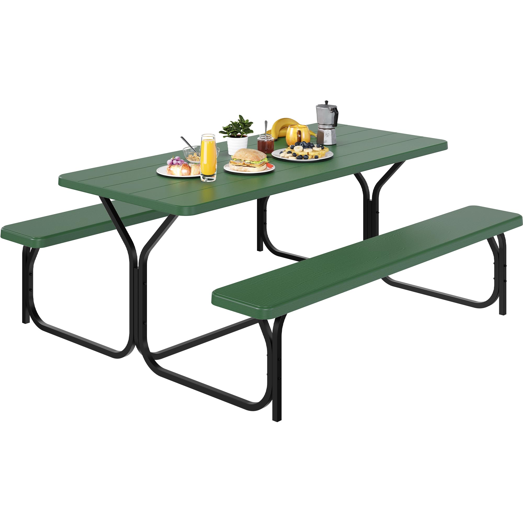 Yitahome 6Ft Outdoor Picnic Table With Wood-Like Tabletop, Sturdy Steel Frame And Umbrella Opening, Heavy Duty Picnic Table Ideal For Yard, Patio, Lawn Gatherings, Green