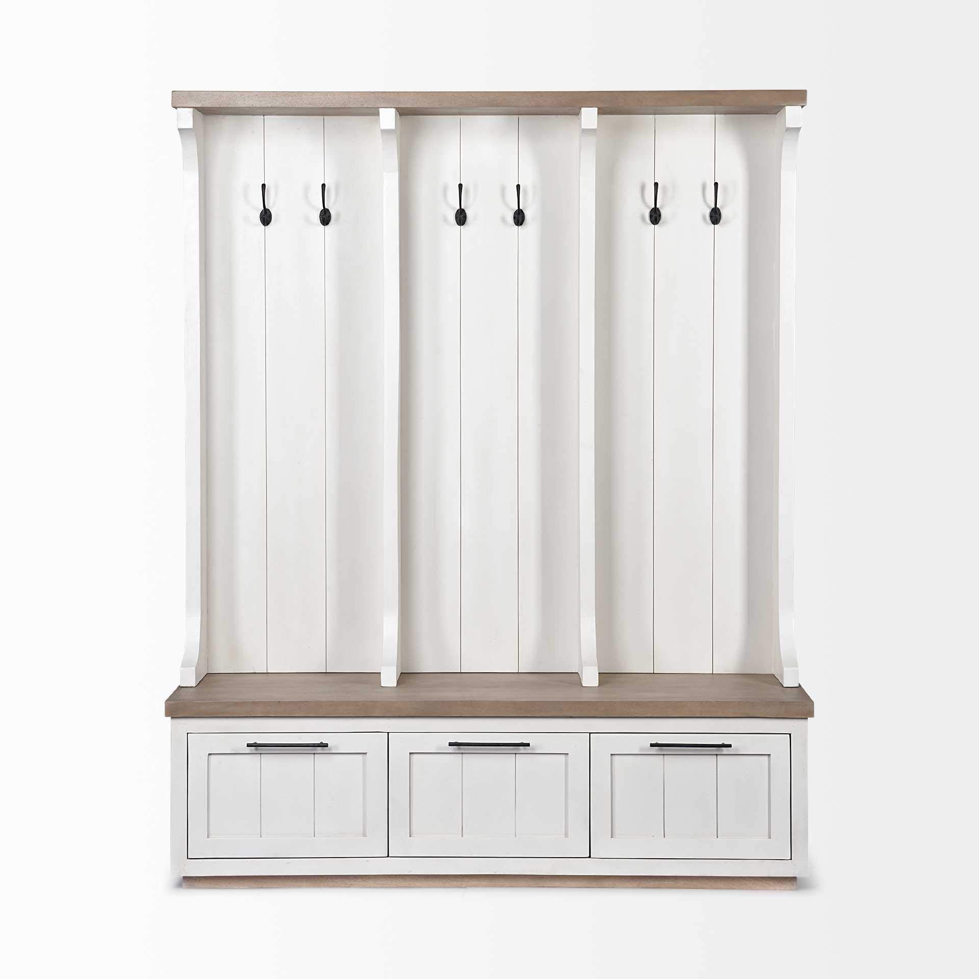 HomeRoots White and Medium Brown Wood Hall Tree w/Storage