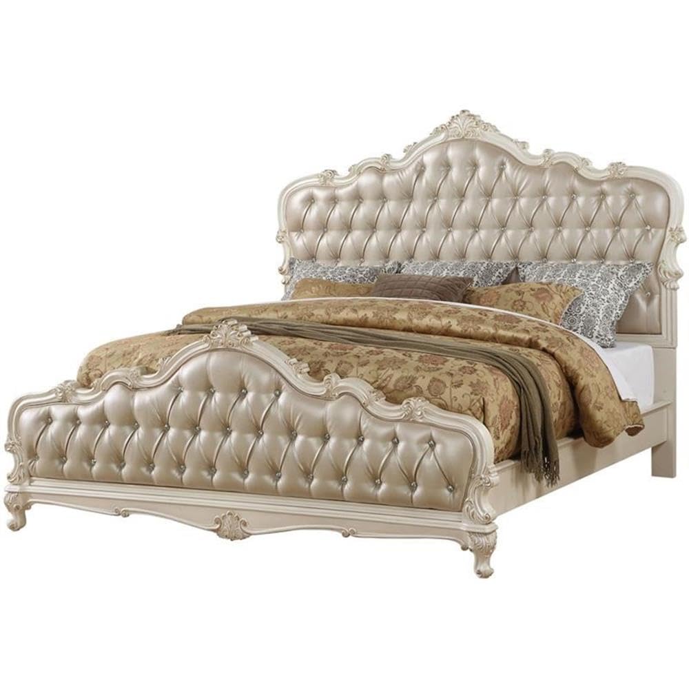 Acme Chantelle Queen Bed in Rose Gold PU & Pearl White