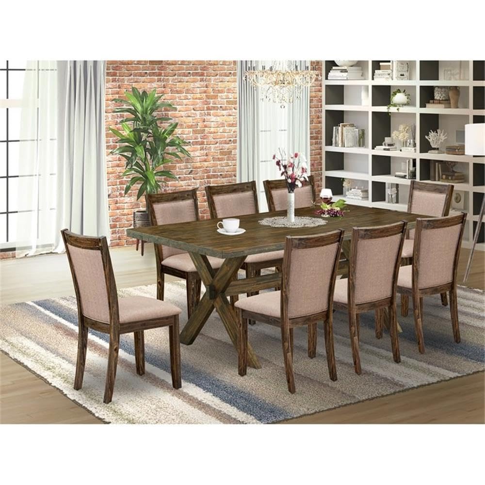 East West Furniture X777MZ716-9 9 Piece Dining Room Set Includes a Rectangle Dining Table with X-Legs and 8 Dark Khaki Linen Fabric Upholstered Chairs, 40x72 Inch, Multi-Color