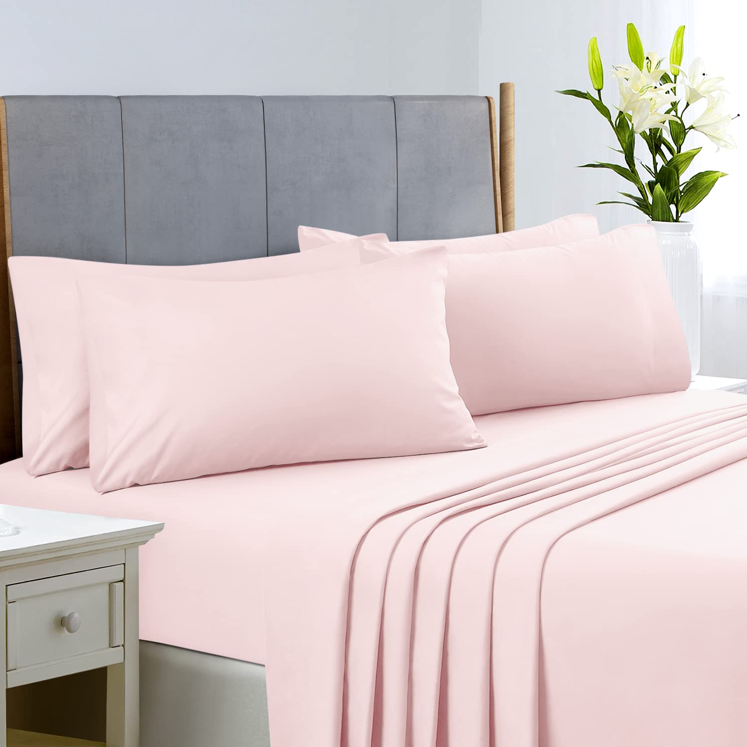 Homeideas Full Size Bed Sheets - 6 Piece Set (Pale Pink) - Extra Soft Brushed Microfiber 1800 Bedding Sheets, Deep Pocket, Wrinkle & Fade Free