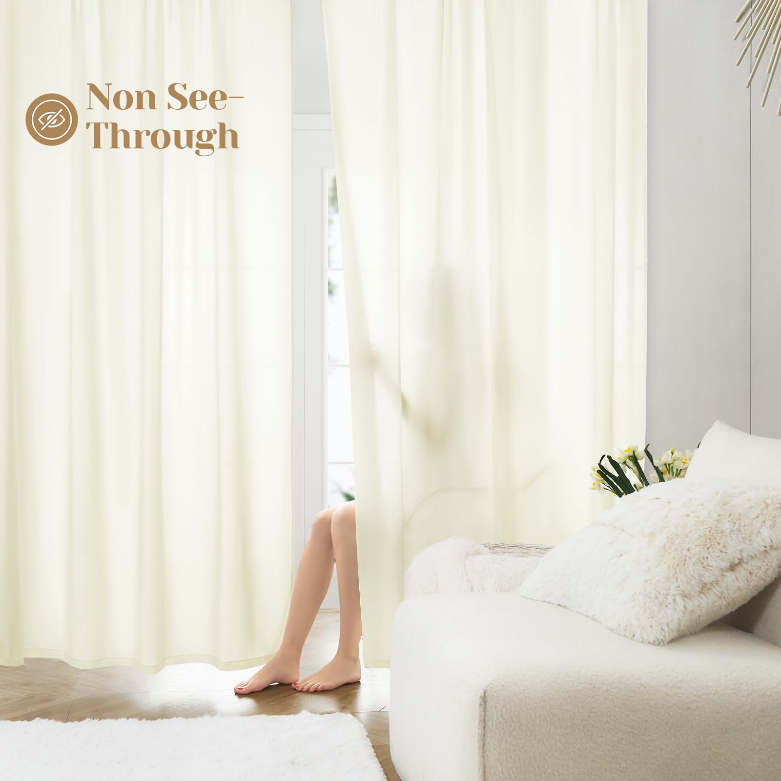 Homeideas Non-See-Through Cream Yellow Privacy Sheer Curtains 52 X 84 Inches Long 2 Panels Light Yellow Sheer Curtains Light Filtering Window Curtains Drapes For Bedroom Living Room