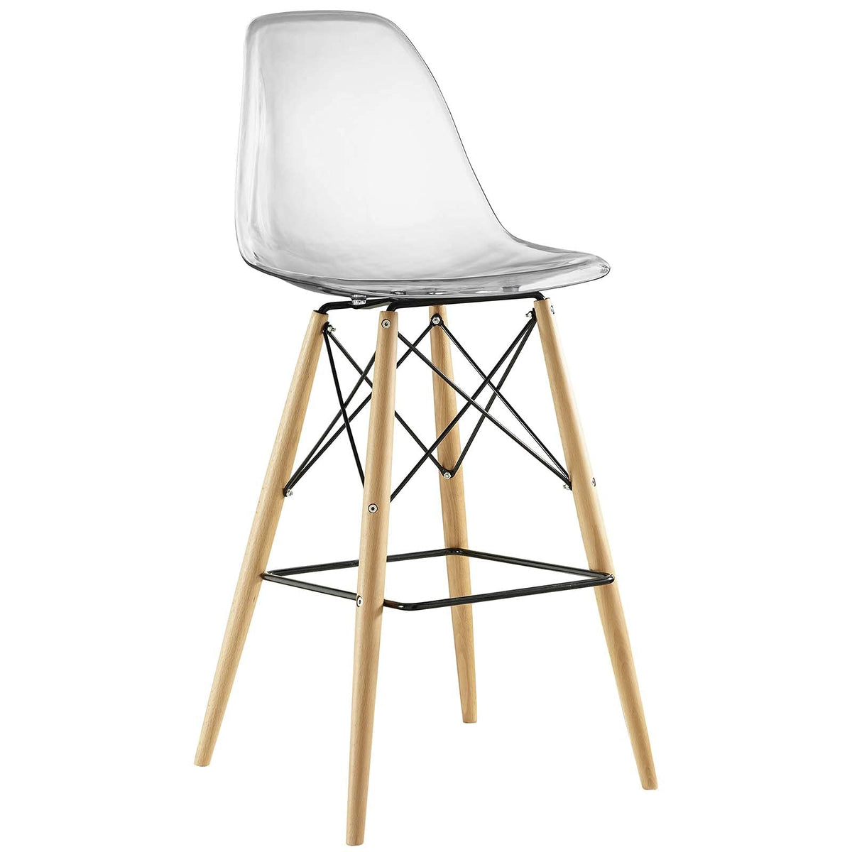 Modway Pyramid Mid-Century Modern Bar Stool With Natural Wood Legs In Clear