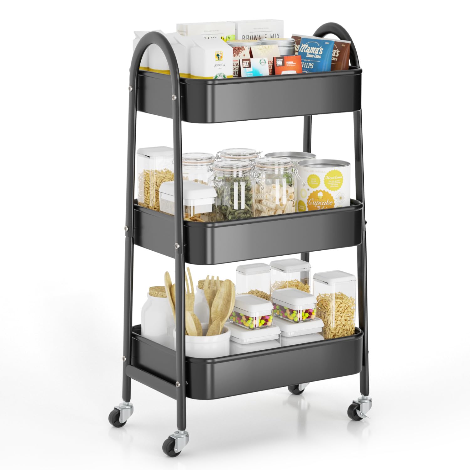 EAGMAK 3 Tier Rolling Cart Under Desk, Metal Storage Cart with Handle and Lockable Wheels, Multifunctional Storage Organizer Tro
