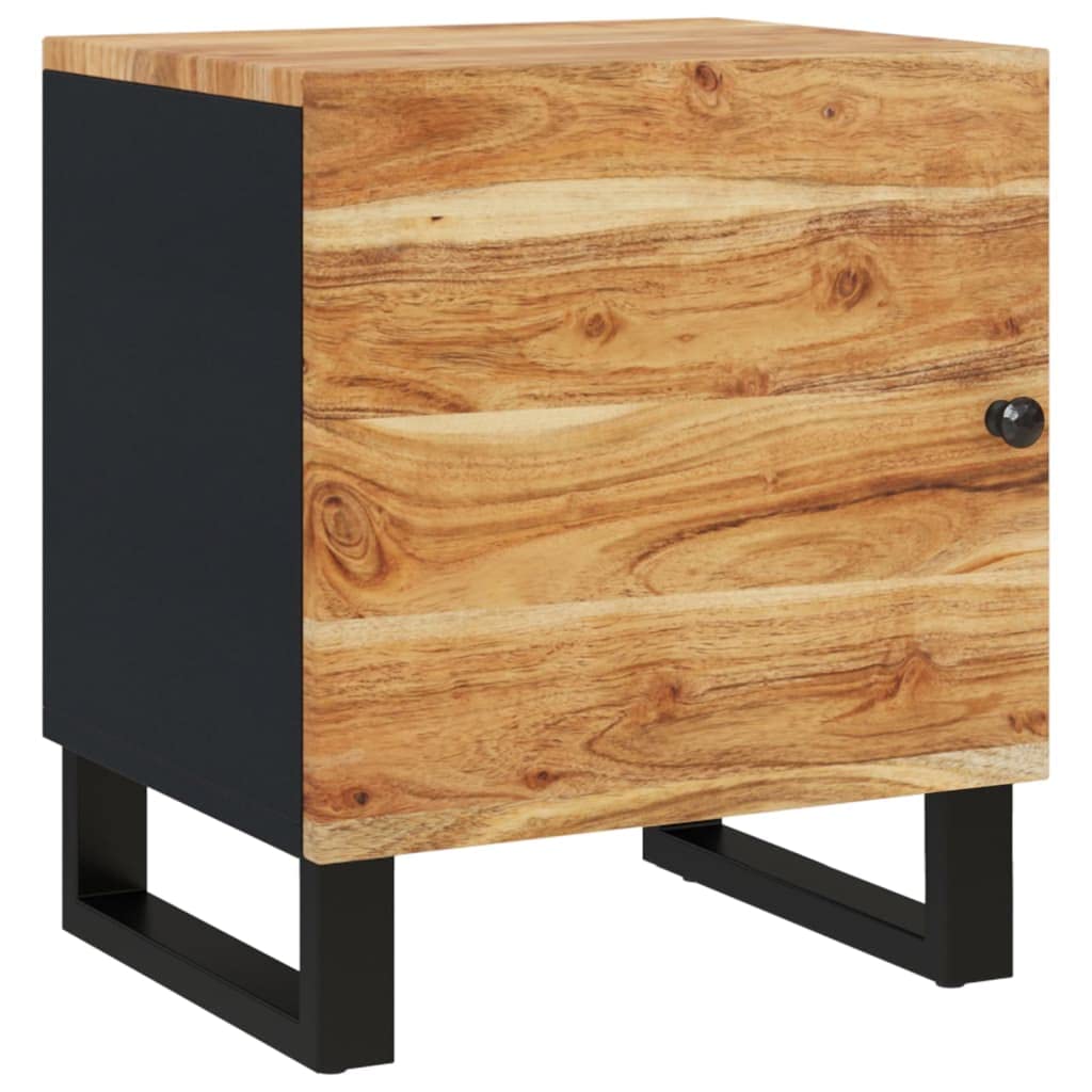 vidaXL Solid Acacia Wood Bedside Cabinet with Distinctive Grain Color, Black Industrial Nightstand with Iron Frame, Unique Bedro