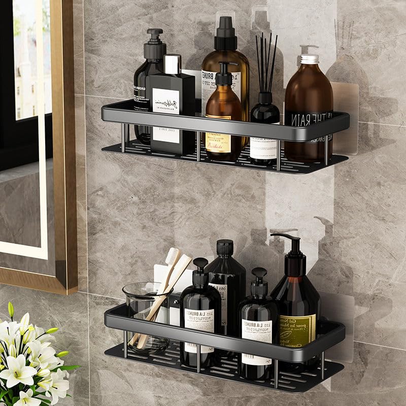 Abja Aluminium Bathroom Organiser Without Drill, Pack Of 2 Self Adhesive Bathroom Wall Shelves, Waterproof Organizer (Black, Pac