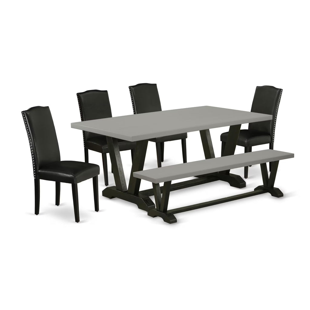 East West Furniture V697En169-6 6 Piece Modern Dining Table Set Contains A Rectangle Wooden Table With V-Legs And 4 Black Faux Leather Parson Chairs With A Bench, 40X72 Inch, Multi-Color