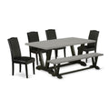 East West Furniture V697En169-6 6 Piece Modern Dining Table Set Contains A Rectangle Wooden Table With V-Legs And 4 Black Faux Leather Parson Chairs With A Bench, 40X72 Inch, Multi-Color