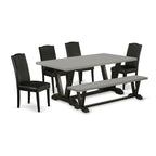 East West Furniture V697En169-6 6 Piece Modern Dining Table Set Contains A Rectangle Wooden Table With V-Legs And 4 Black Faux Leather Parson Chairs With A Bench, 40X72 Inch, Multi-Color