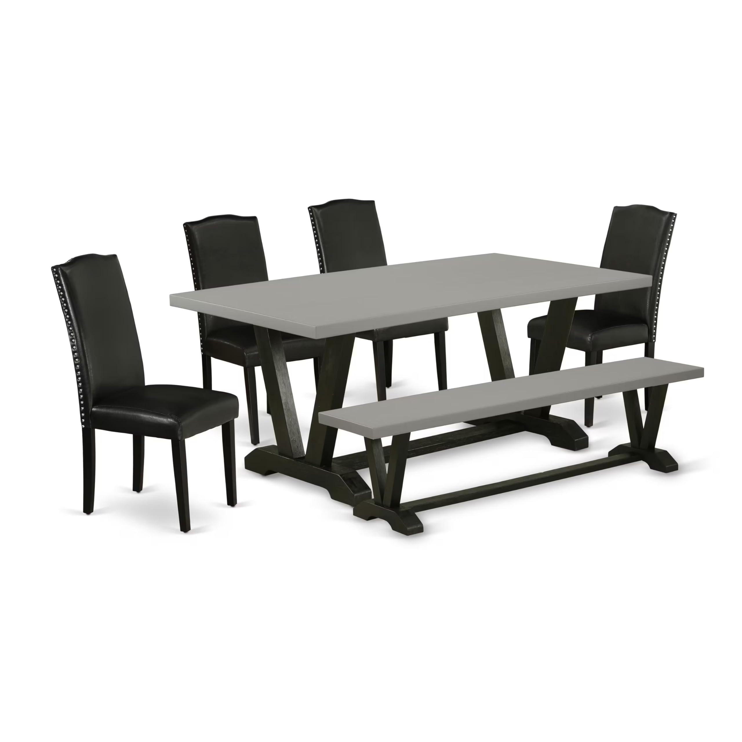 East West Furniture V697En169-6 6 Piece Modern Dining Table Set Contains A Rectangle Wooden Table With V-Legs And 4 Black Faux Leather Parson Chairs With A Bench, 40X72 Inch, Multi-Color