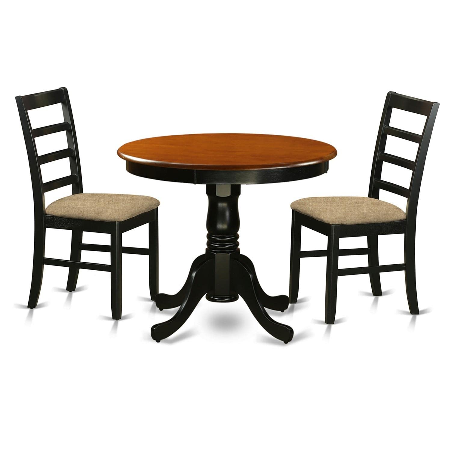East West Furniture ANPF3-BLK-C 3 Piece Kitchen Table & Chairs Set Contains a Round Dining Room Table with Pedestal and 2 Linen Fabric Upholstered Chairs, 36x36 Inch, Black & Cherry