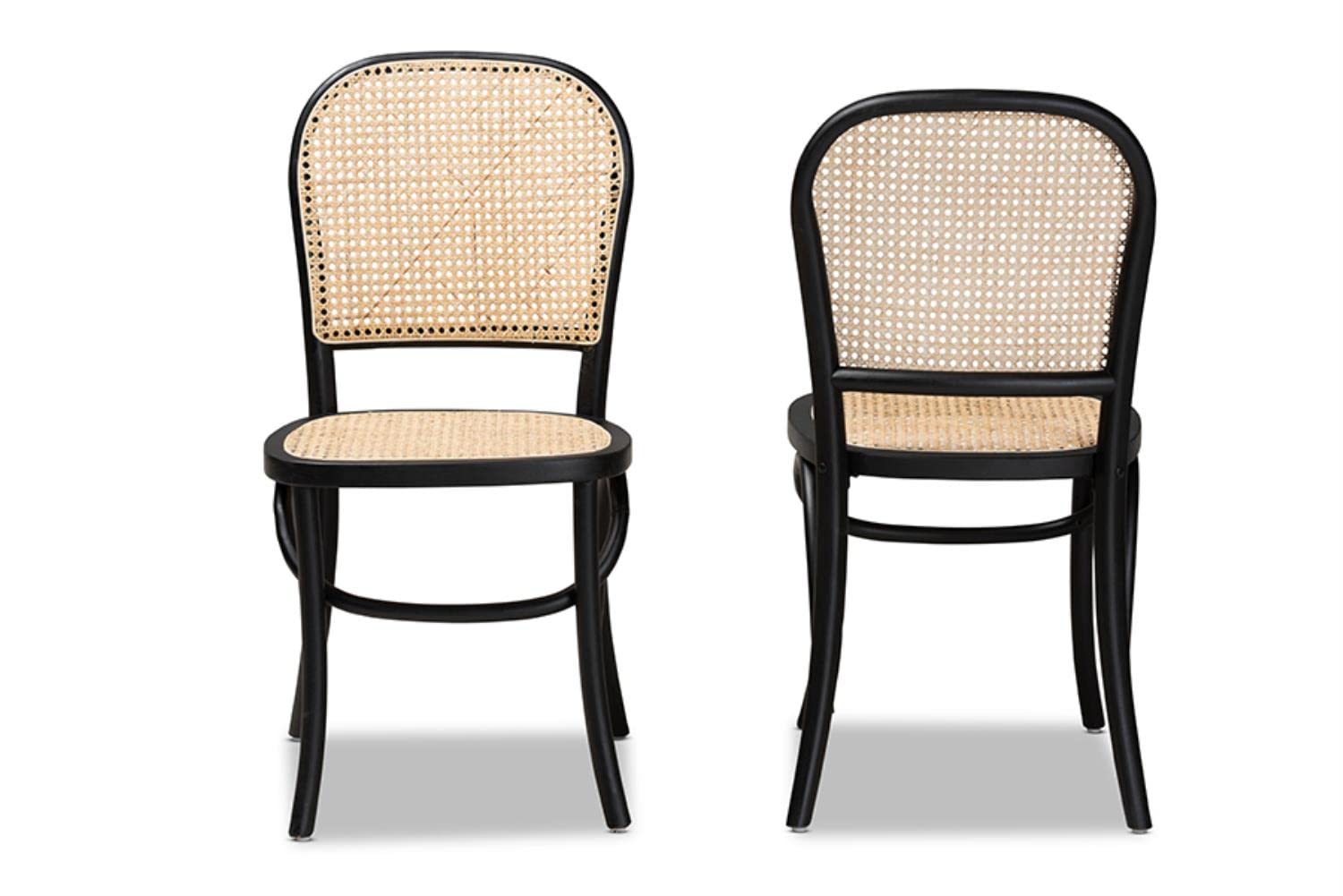 Baxton Studio Cambree Mid-Century Modern Brown Woven Rattan and Black Wood 2-Piece Cane Dining Chair Set