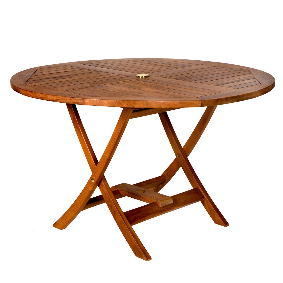 All Things Cedar TR48 Teak Outdoor Round Table | Handcrafted Indonesian Teak with Java Finish | Solid Brass Fittings | Removable Top & Folding Legs | Umbrella Hole | Brass Grommet | 48x48x29