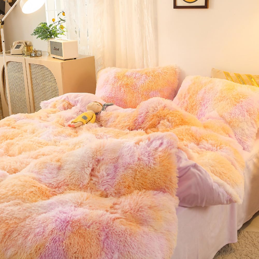 Sucses Faux Fur Twin Bedding Sets For Girls, 2 Pcs Fluffy Furry Duvet Cover Set, Plush Shaggy Tie Dye Teen Girl Bed Set, Colorfu