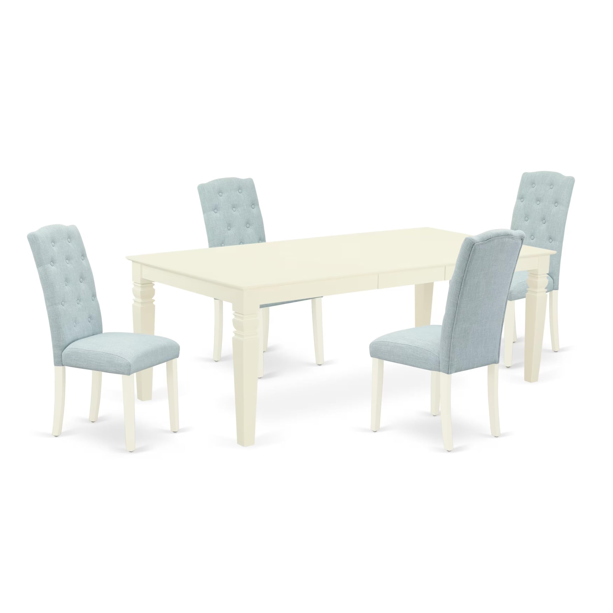 East West Furniture Lgce5-Lwh-15 5 Piece Kitchen Table Set For 4 Includes A Rectangle Butterfly Leaf Dining Table And 4 Baby Blue Linen Fabric Upholstered Chairs, 42X84 Inch, Linen White