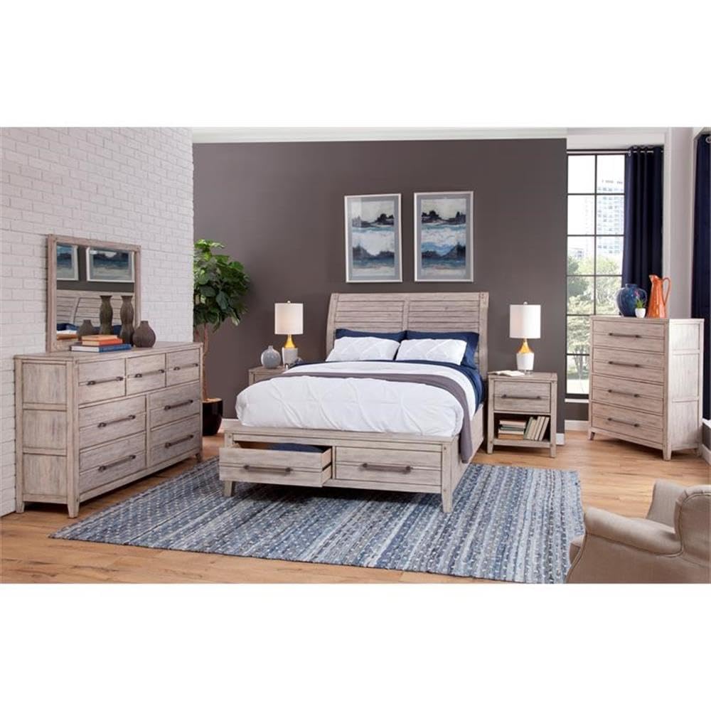 American Woodcrafters Aurora White-Washed Wood King Sleigh Storage Bed