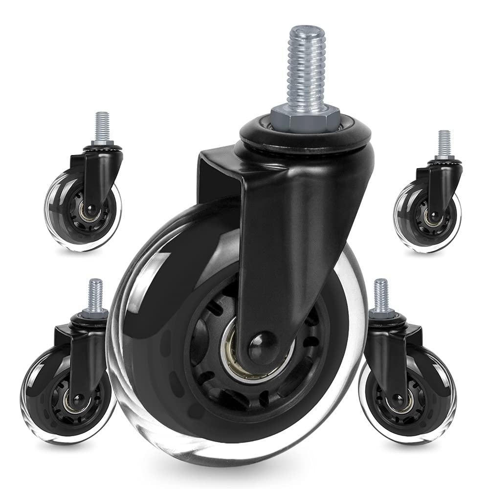 Replacement Office Chair Caster Wheels By 8T8, Set Of 5, Rubber Chair Casters With Threaded Stem 3/8'-16X1(Not Metric M10), Qui