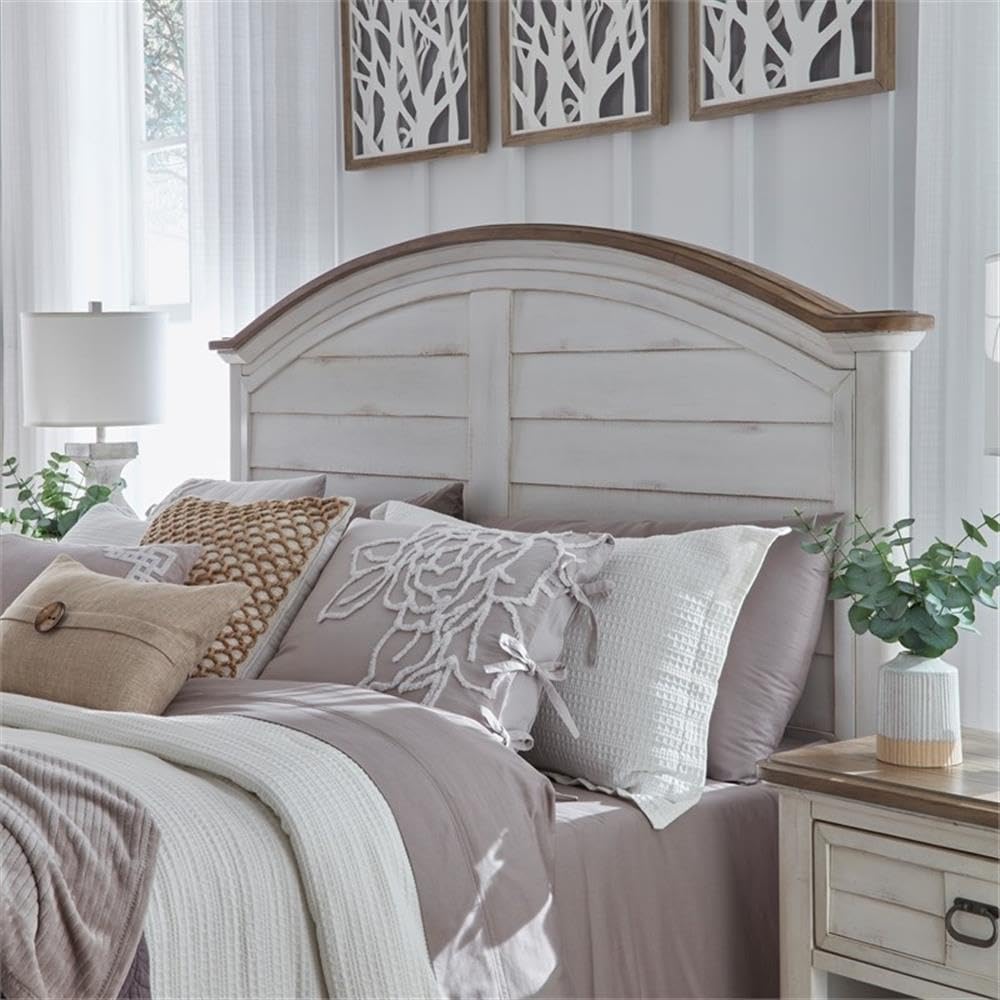 American Woodcrafters Meadowbrook White-Washed Wood Farmhouse Queen Size Arched Panel Headboard