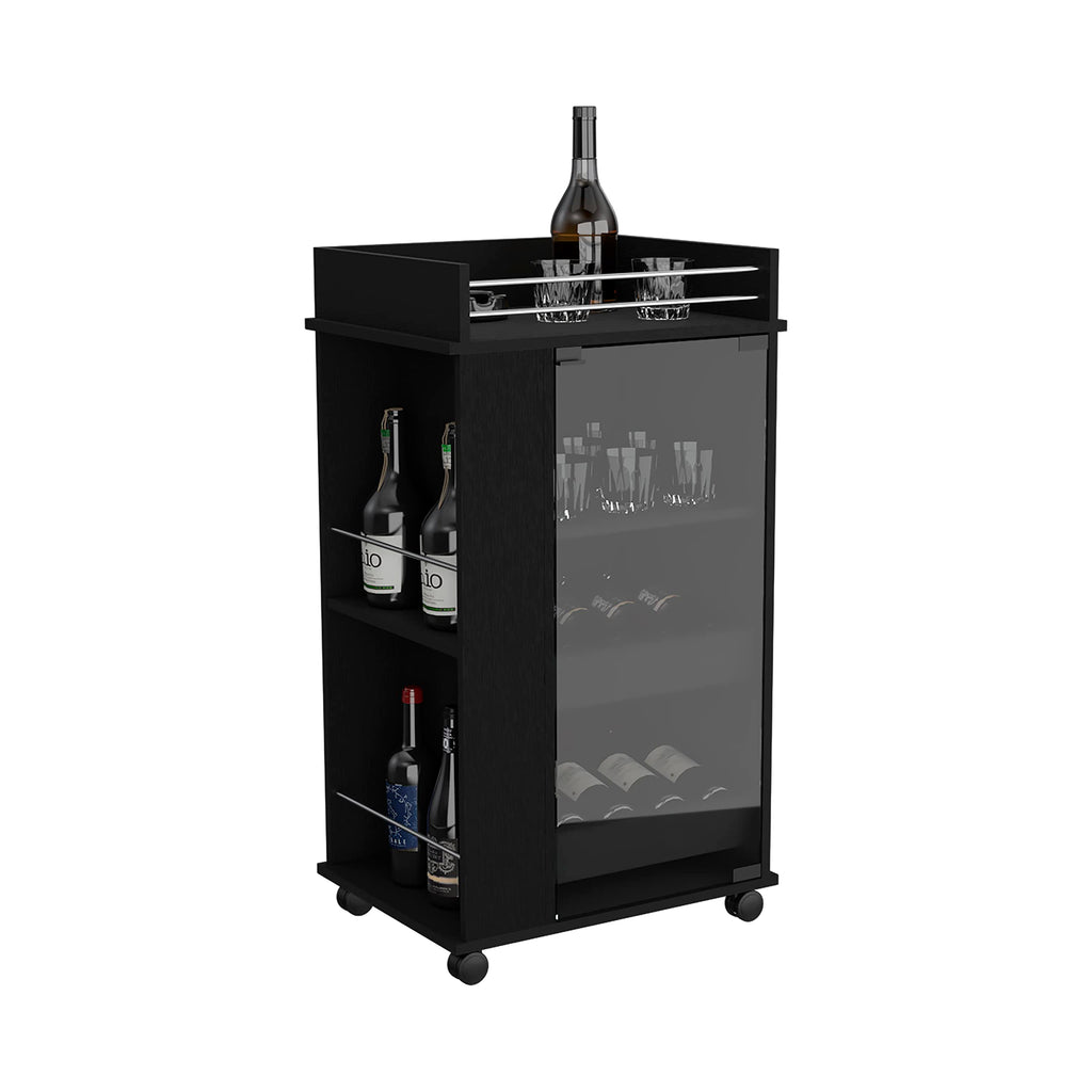 Lansing Bar Cart With Glass Door, 2-Side Shelves And Casters, Black
