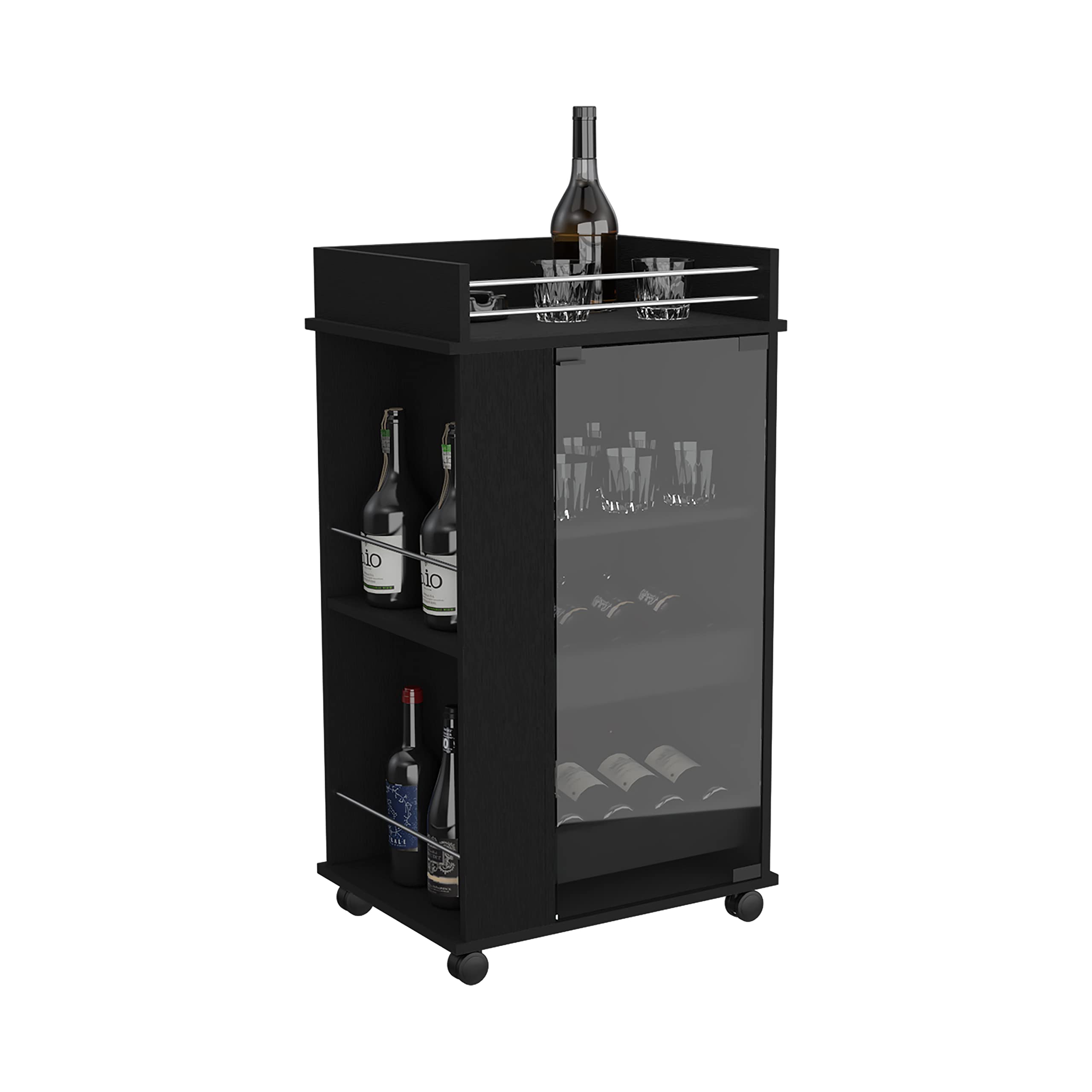 Lansing Bar Cart With Glass Door, 2-Side Shelves And Casters, Black