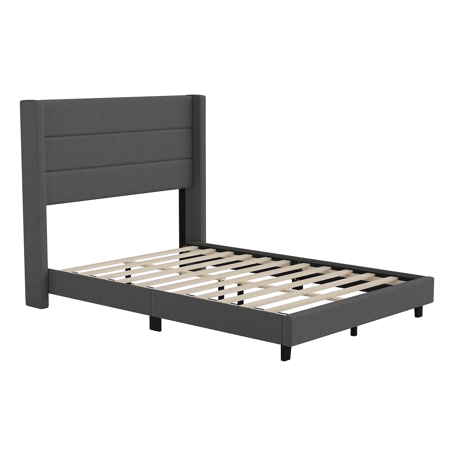 Flash Furniture Hollis Upholstered Platform Bed - Charcoal Faux Linen Wingback Headboard - Full - Mattress Foundation with Slatted Supports - No Box Spring Needed