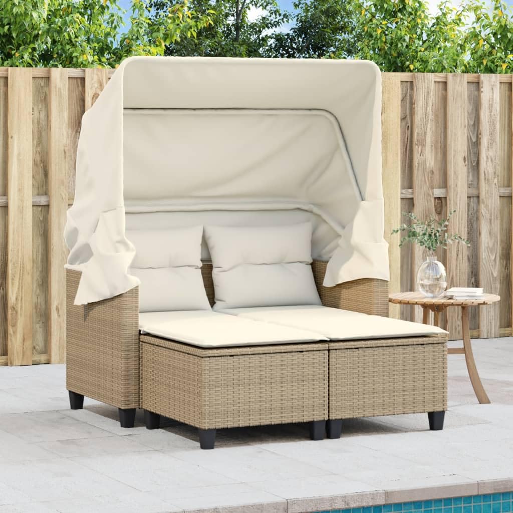 vidaXL 2-Seater Patio Sofa with Retractable Canopy & Stools - Beige Poly Rattan Loveseat, Thick Cushions, Outdoor Seating for Garden & Deck
