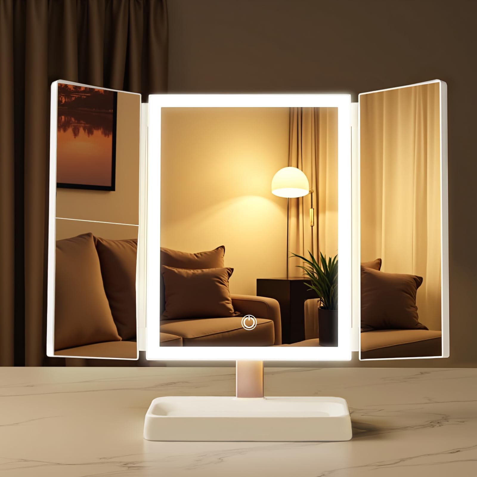 SKSFLY 3- Folding Makeup Mirror, 76 LED Beads, 3 Adjustable Color Modes,Long Press The Touch Button to Adjust The brightness1%-1