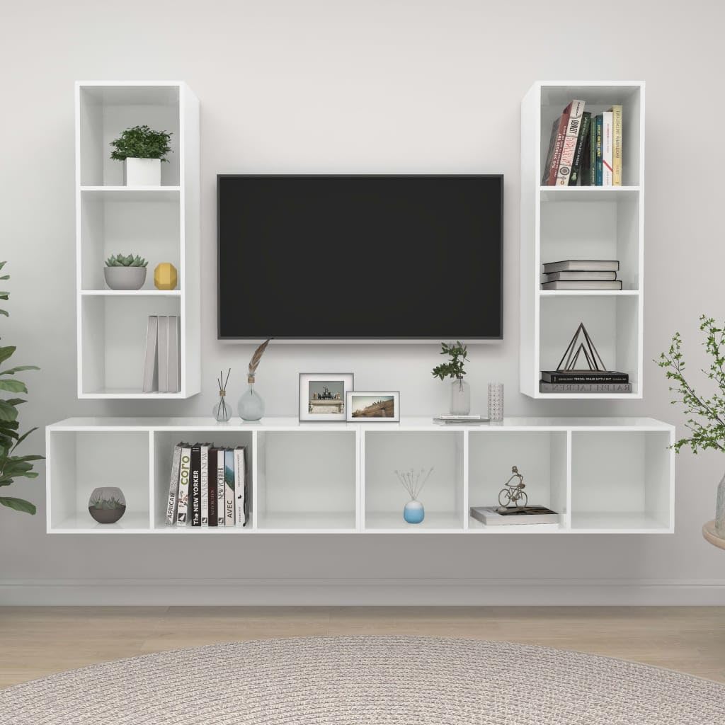vidaXL 4X Wall-Mounted TV Cabinets Hanging Stand Unit Stereo Storage HiFi Plasma Living Room Home Furniture High Gloss White Engineered Wood