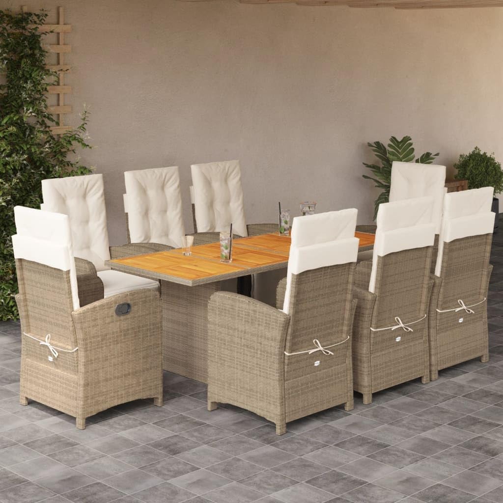 vidaXL Beige PE Rattan Patio Dining Set with Adjustable Reclining Chairs and Acacia Wood Table – 9-Piece Outdoor Furniture with Cushions