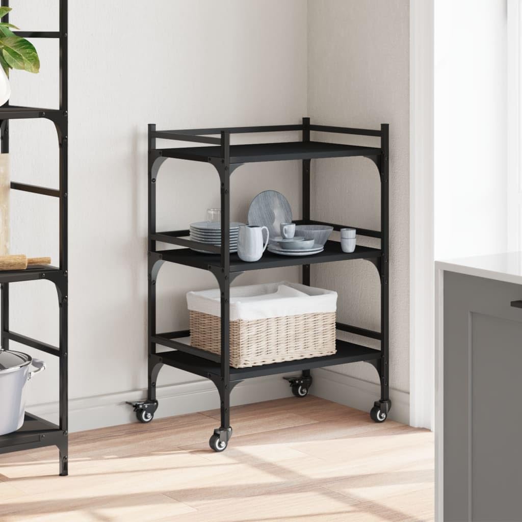 vidaXL Multifunctional Black Kitchen Trolley-Engineered Wood Storage Organizer with Wheels, Steel Frame, 19.7x13.8x29.7”, Ideal for Various Room Settings