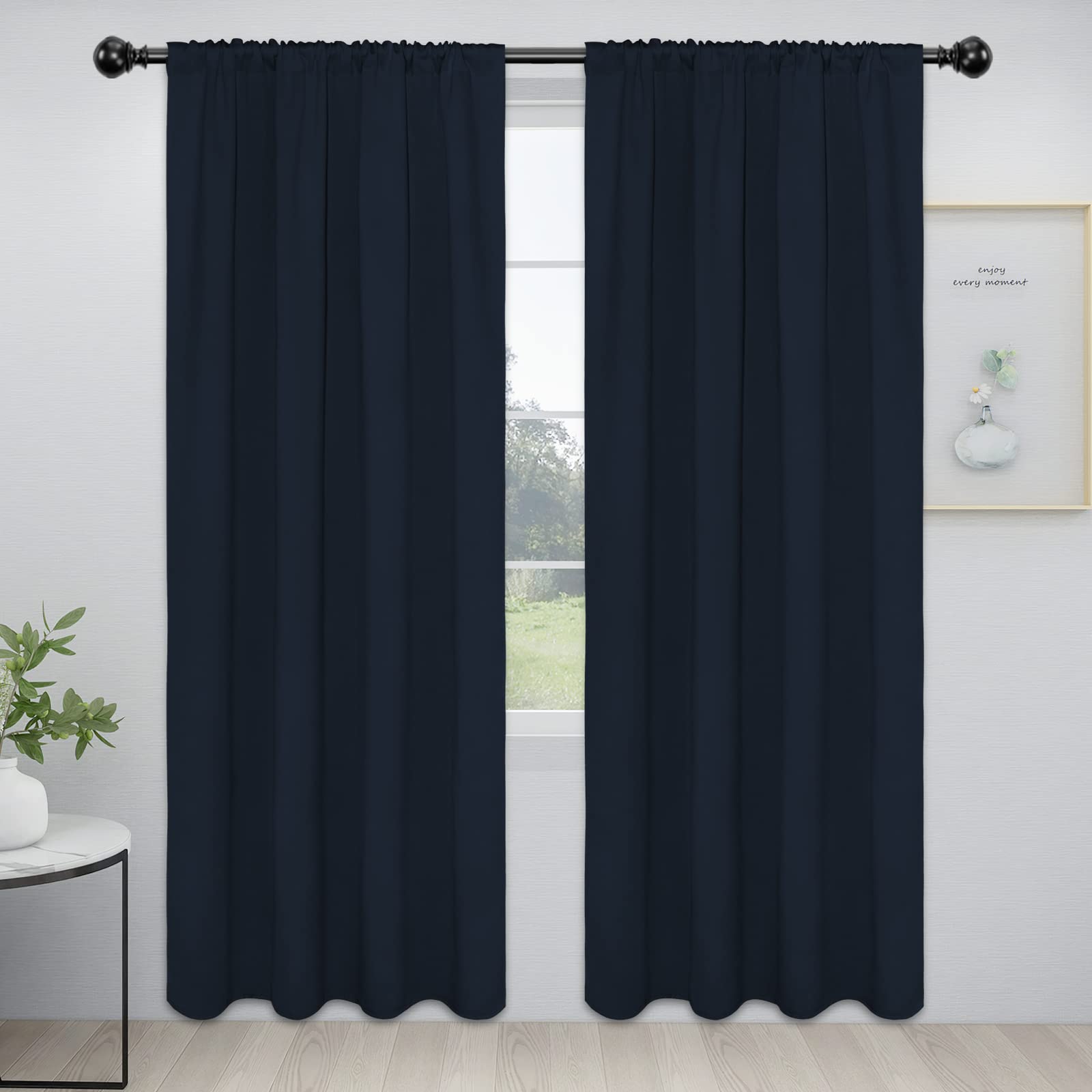 Easy-Going Rod Pocket Blackout Curtains For Bedroom, Room Darkening Window Curtains For Living Room, Thermal Insulated Noise Reduction Solid Window Drapes, 2 Panels(42X84 In, Navy)