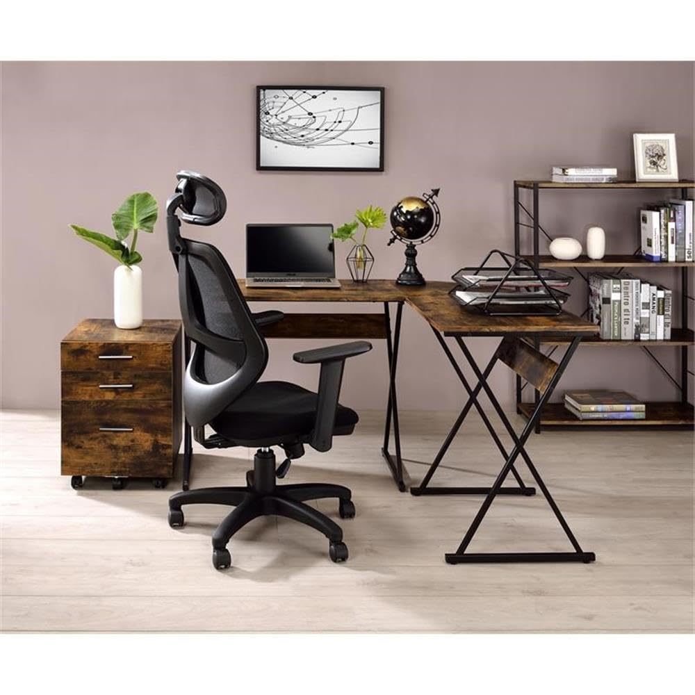 Acme Zafiri Wooden Top L-Shaped Writing Desk with X-Shaped Metal Base in Black