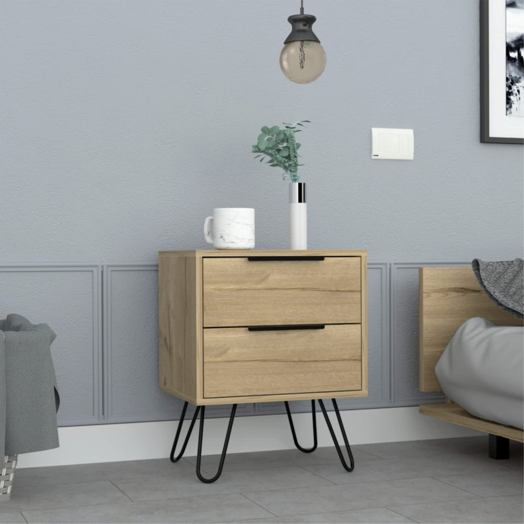 Nightstand 22&Quot; H, 4 Hairpin Legs, 2 Drawers, Light Oak