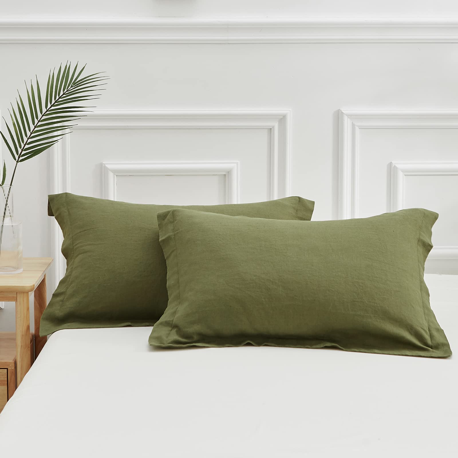 Simple&Opulence 100% Belgian Linen Pillow Shams -Set Of 2, Standard Size - Basic Style Breathable Pure Linen Suitable For Home - Soft Durable Envelope Closure Pillowcases (20''X 26'', Olive Green)
