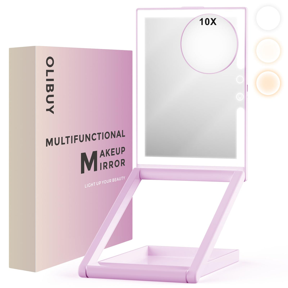 OLIBUY Travel Makeup Mirror with 10X Magnifying Mirror, Height and Angle Adjustable Folding Lighted Makeup Vanity Mirror, Rechar