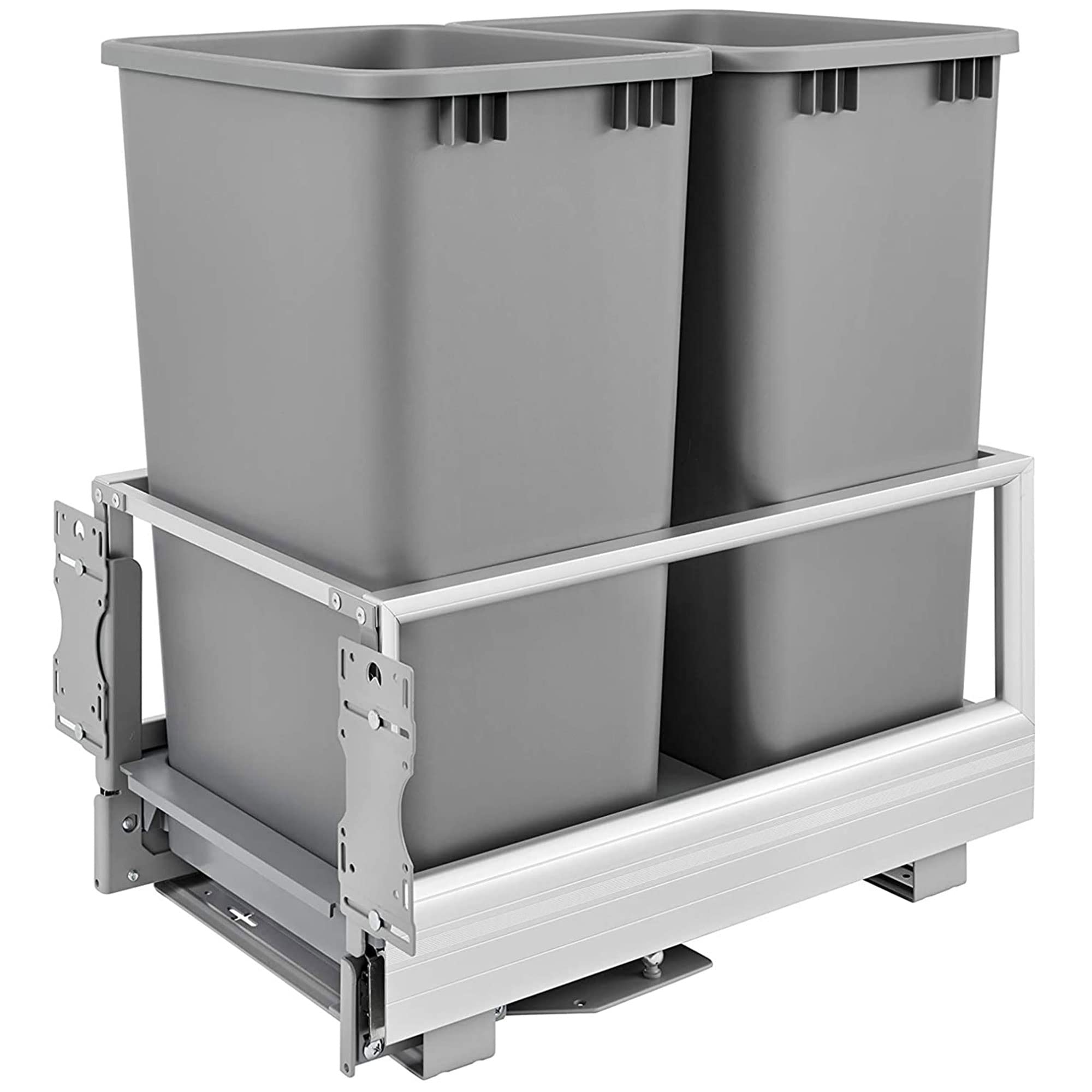 Rev-A-Shelf Double 50 Quart Pull Out Trash Can for Base Kitchen Cabinets, Storage Garage Bin on Wire Basket with Soft Close, Sil