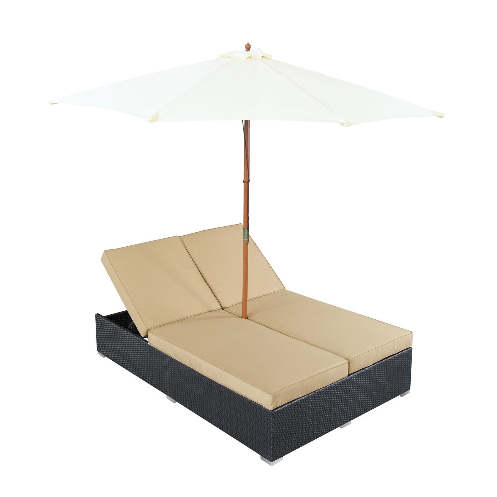 Modway Arrival Outdoor Wicker Rattan Patio Dual Chaise Lounges With Espresso Turquoise Sun Shade