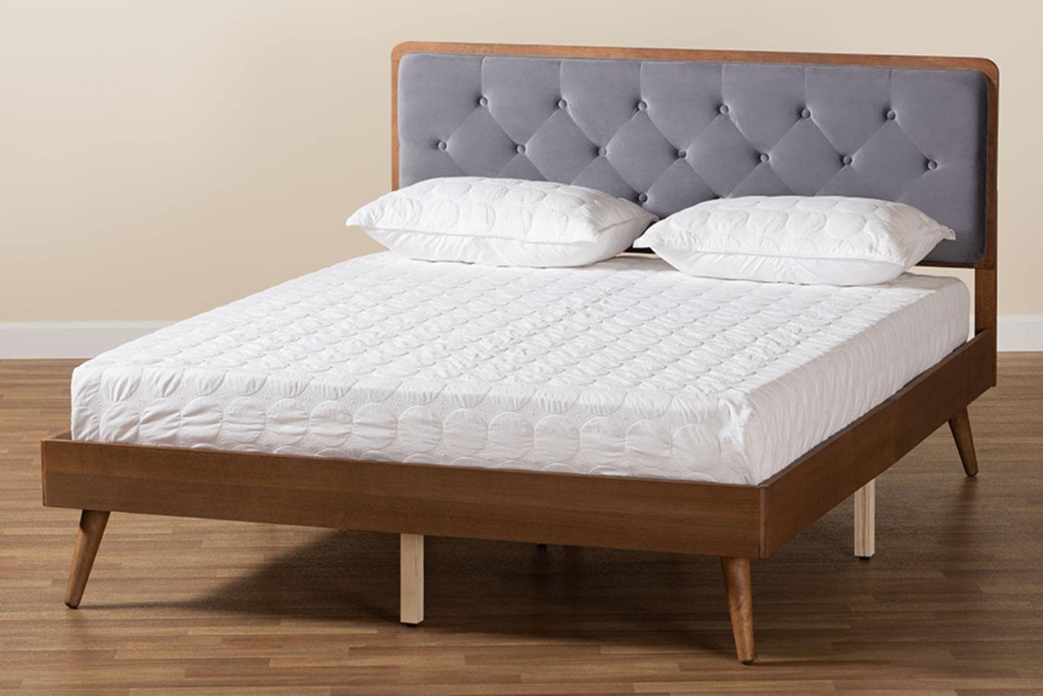 Baxton Studio Larue Modern and Contemporary Grey Velvet Fabric Upholstered and Walnut Brown Finished Wood King Size Platform Bed