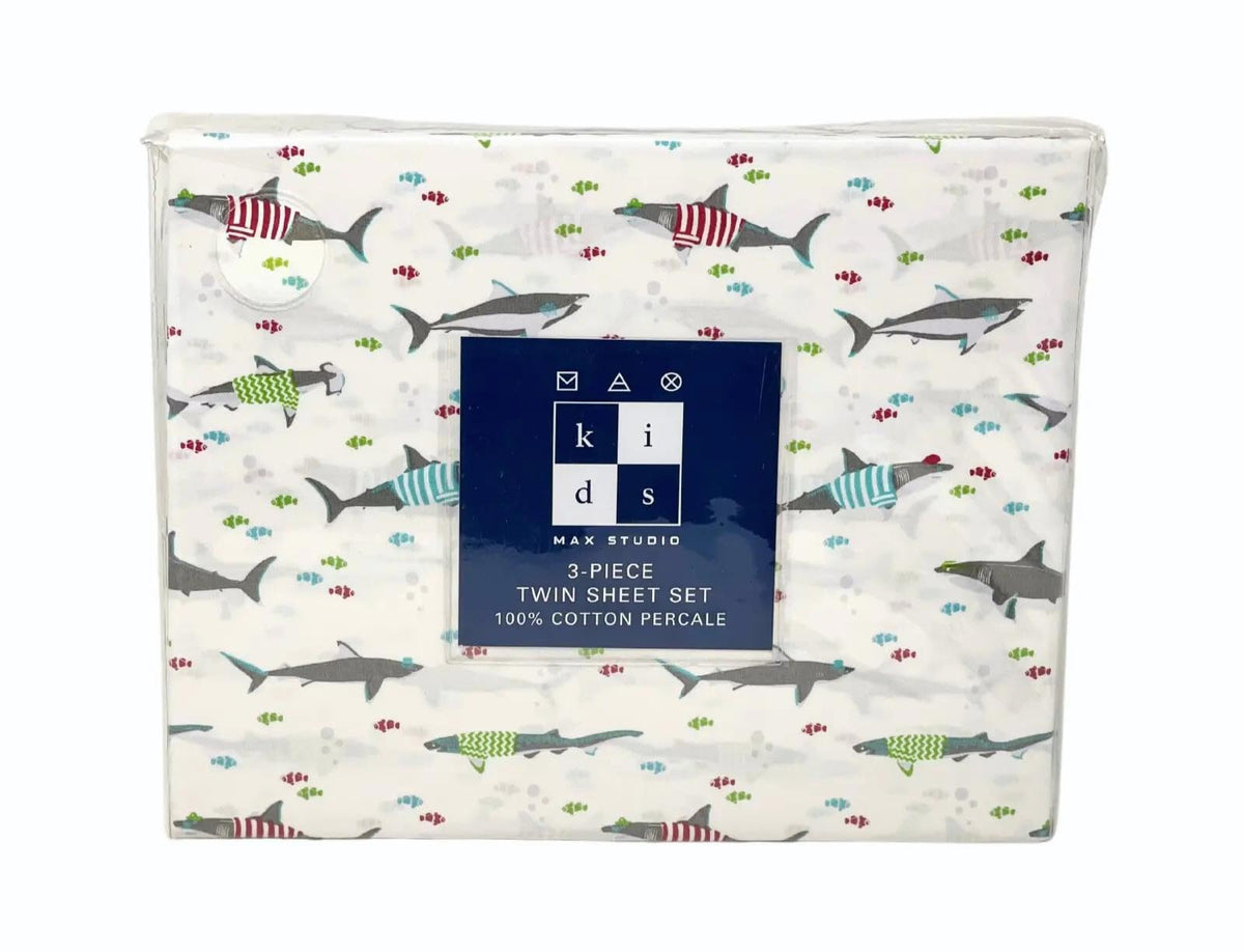 Max Studio Kids 3 Piece Kids Twin Sheet Set Cute Great White Sharks With Striped Shirts
