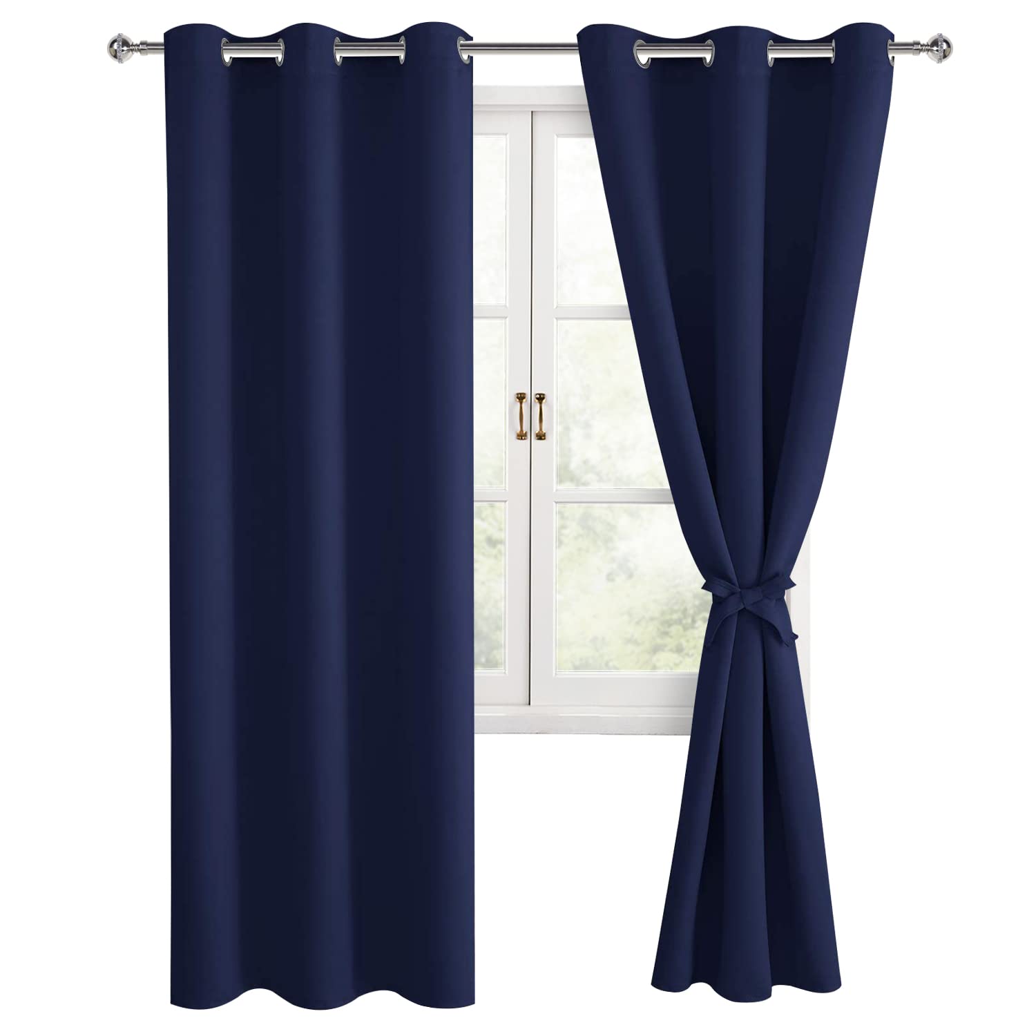 Hiasan Blackout Curtains For Bedroom And Living Room, Light Blocking, Noise Reducing Window Curtain Panels, Tiebacks Included, Set Of 2, Grommet Top (Navy Blue, Width 38 Inch X Length 72 Inch)