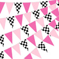 Gersoniel 5 Pcs Racing Car Party Decorations Pink Black Checkered Triangle Flags Pennant Banner Race Car Garland Streamers for G