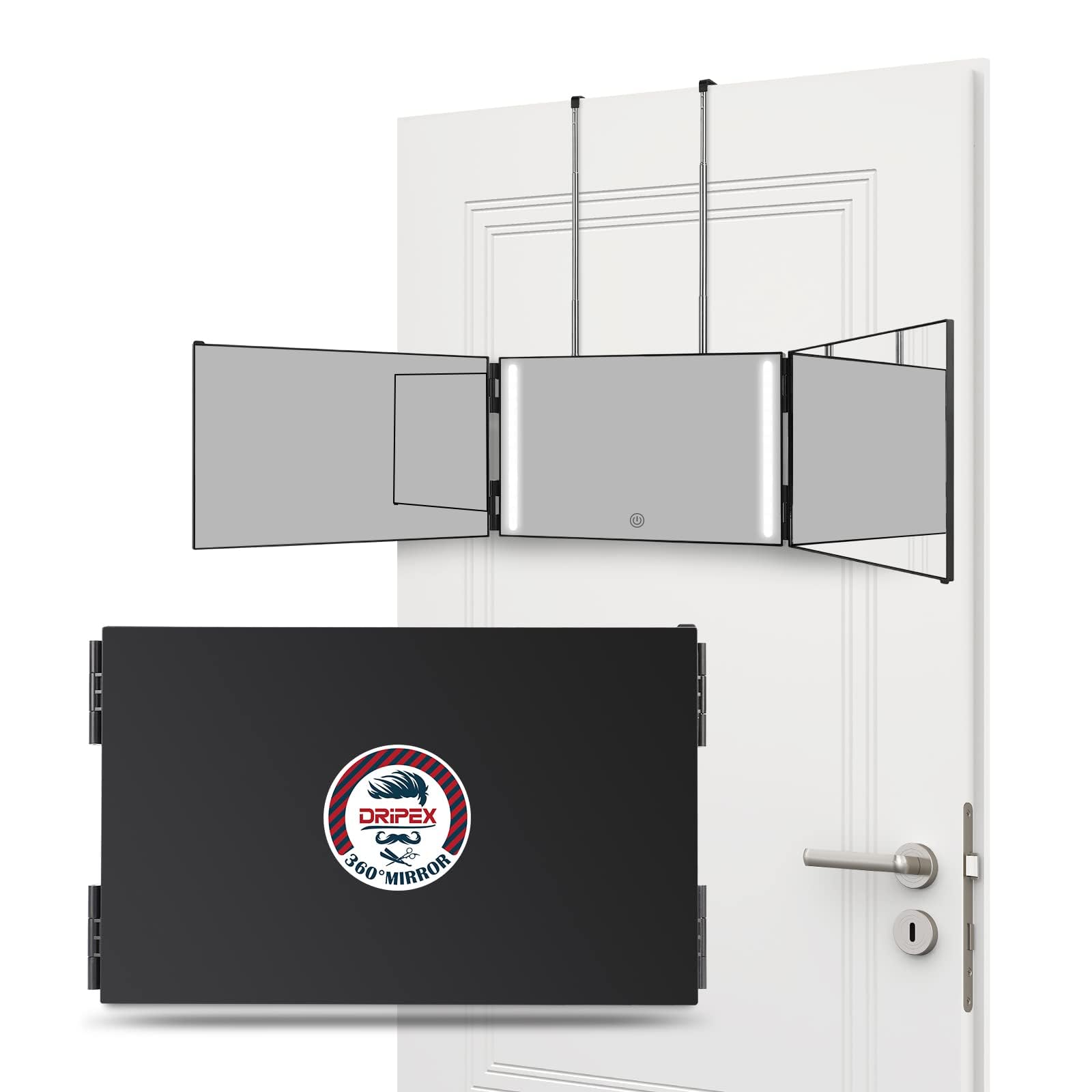 Dripex 3 Way Mirror with Storage Shelf and 3 Color LED Lights, Rechargeable Trifold Self Haircut 360 Mirror with Height Adjustab
