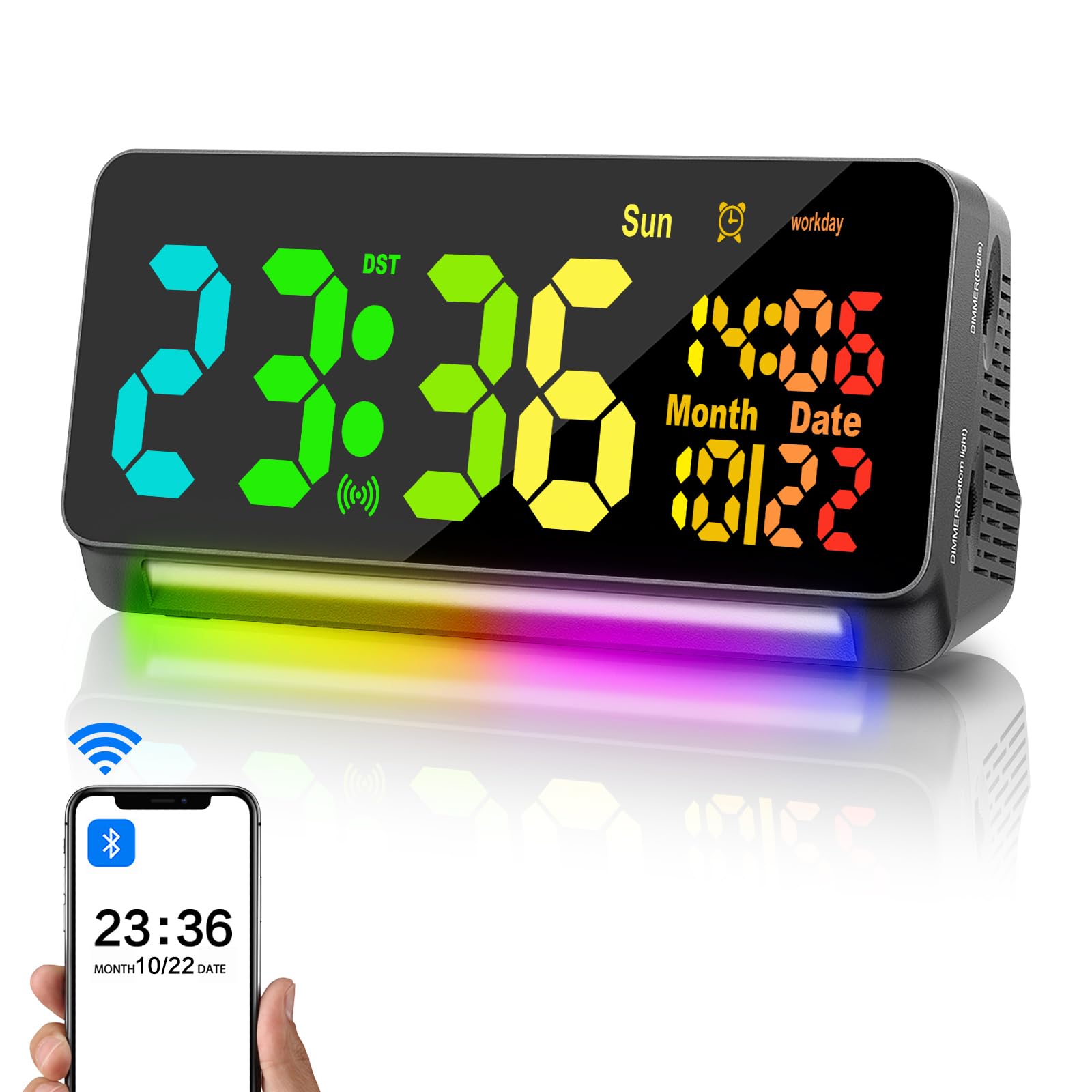 Samshow 120db Super Loud Alarm Clock Heavy Sleepers Adults, Loud Alarm Clock Bluetooth Sync Time,15 Wake Up Sounds, 7 Color Nigh